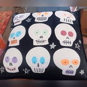 Halloween decorative pillow , black velvet with skeletons